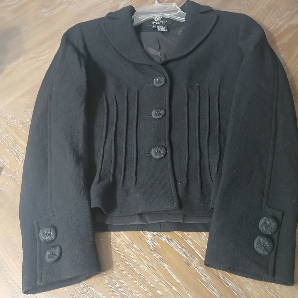 Etcetera Knit Blazer Sweater  Sz 2 Black Vertical Pin Tucking Front Back Wool
